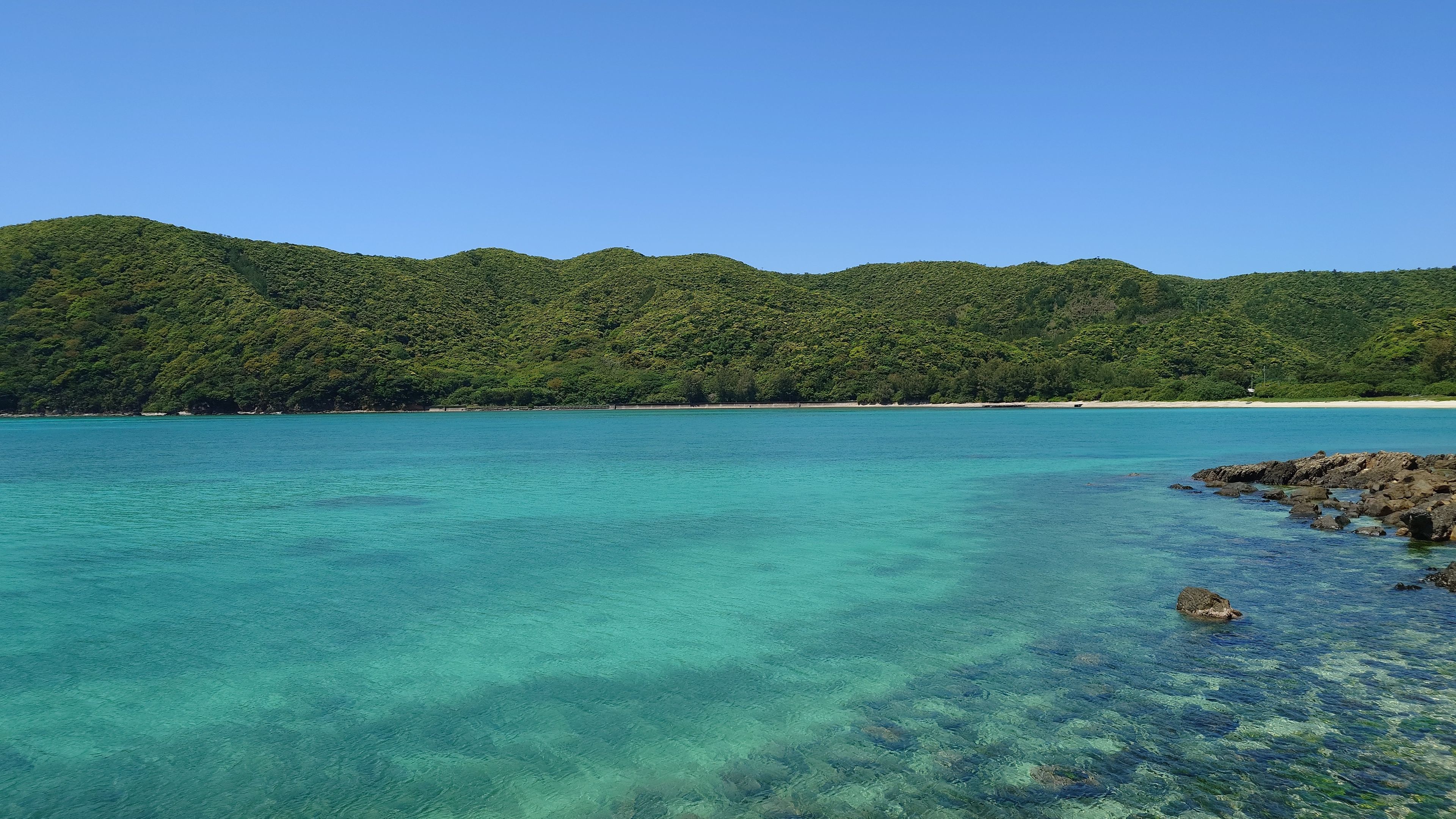 Emerald green waters visible from the road leading to Yadorihama