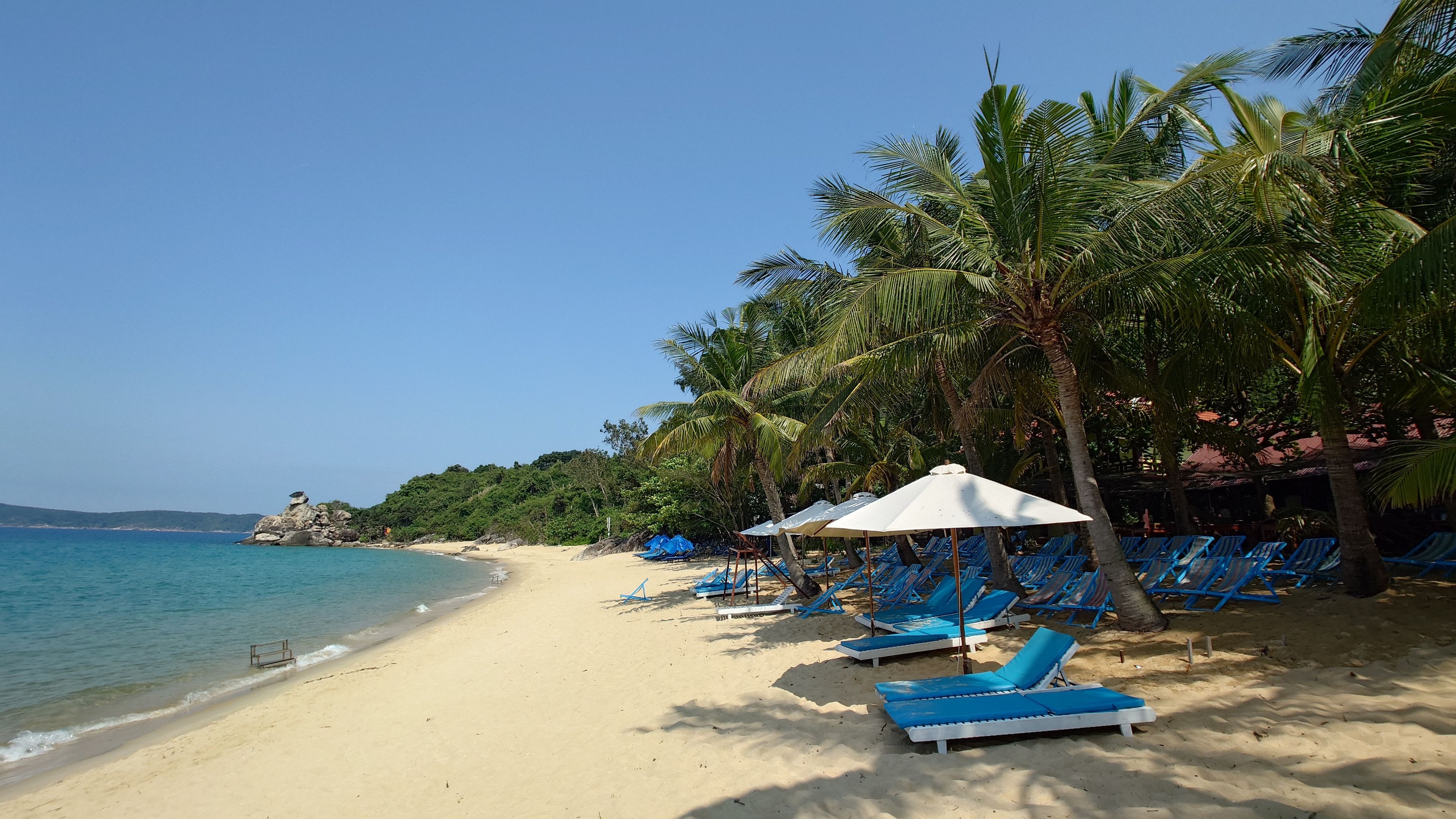 ストーンジャイアントビーチ（Bãi Chồng）。整然と並ぶパラソルとヤシの木がリゾート感を演出