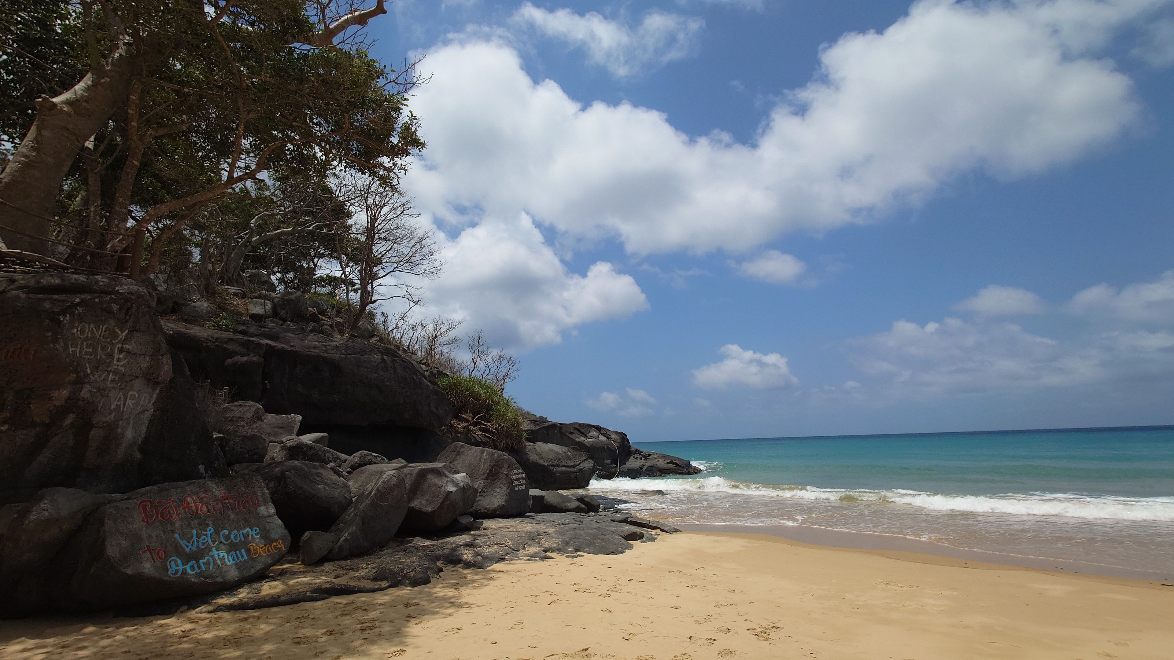 The water's edge at Dam Trau Beach with a rustic island feel