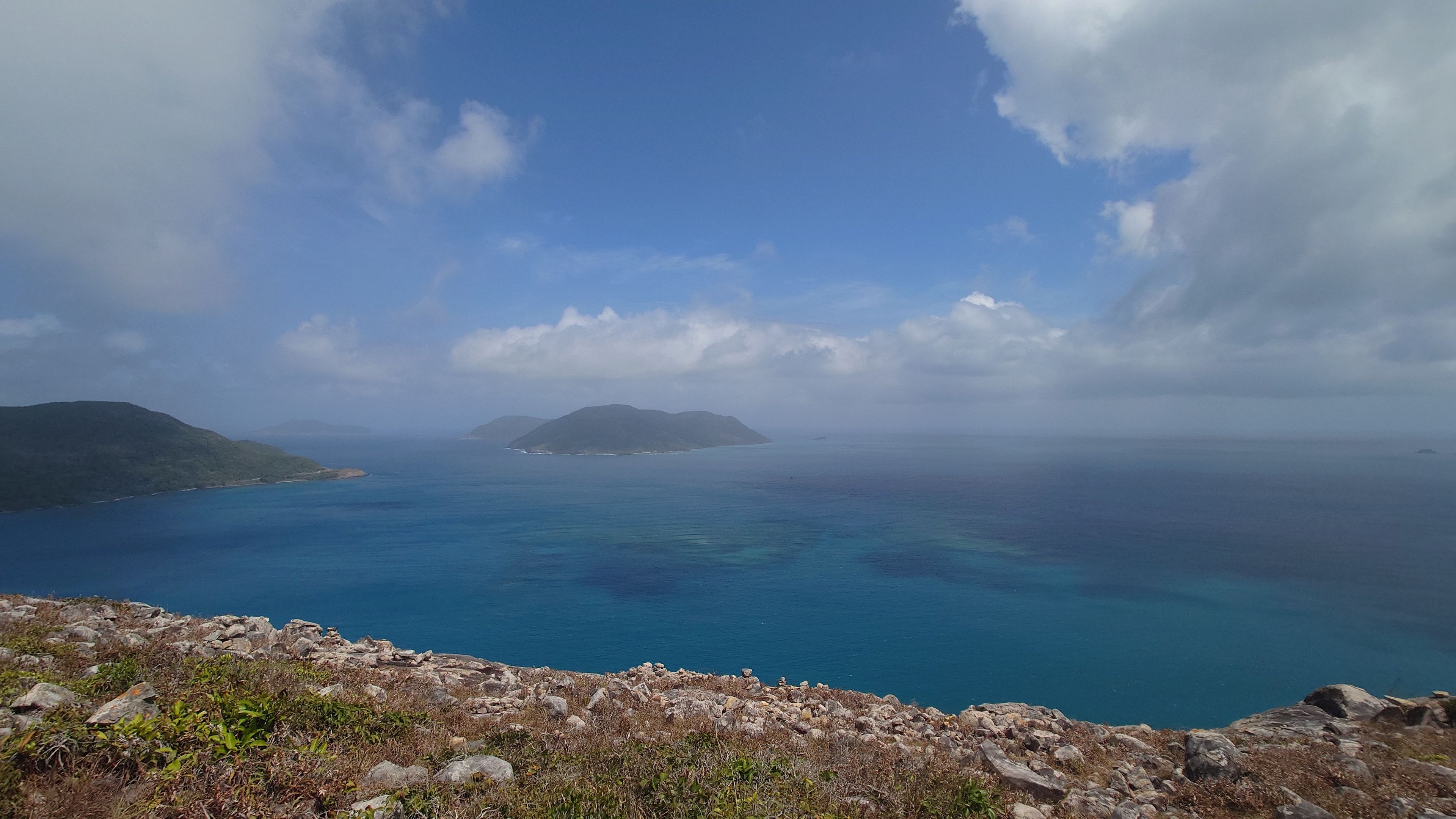 The townscape and coastline of Con Dao seen from the mountain path