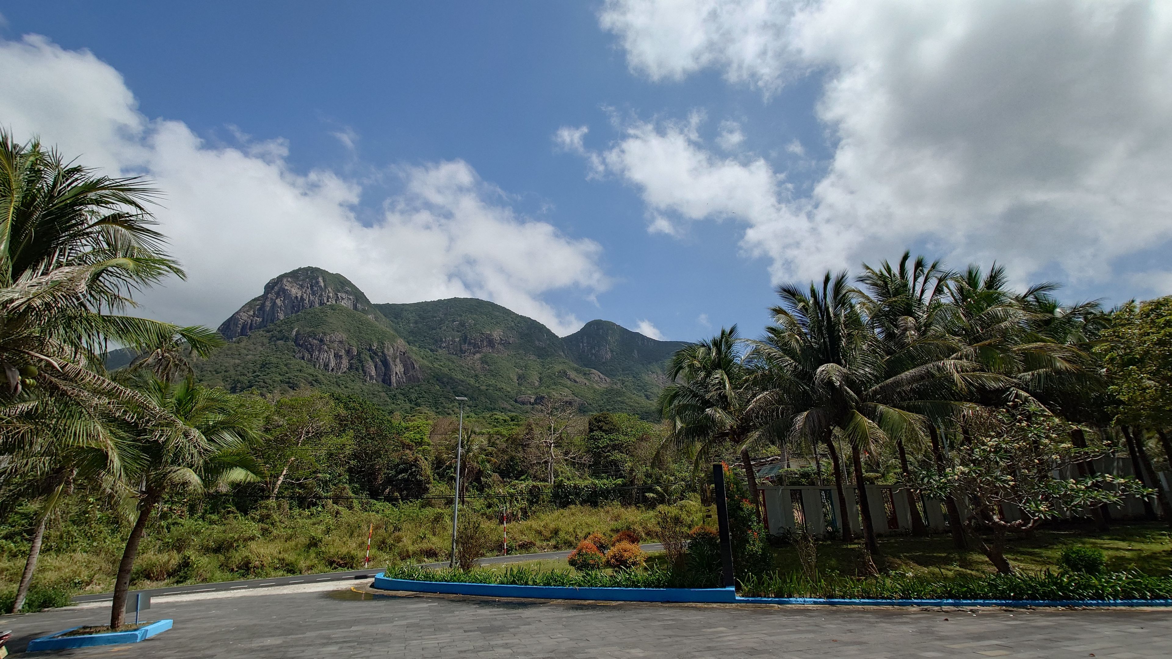 ホテルの入り口から見えるコンダオの美しい植物と山々の風景