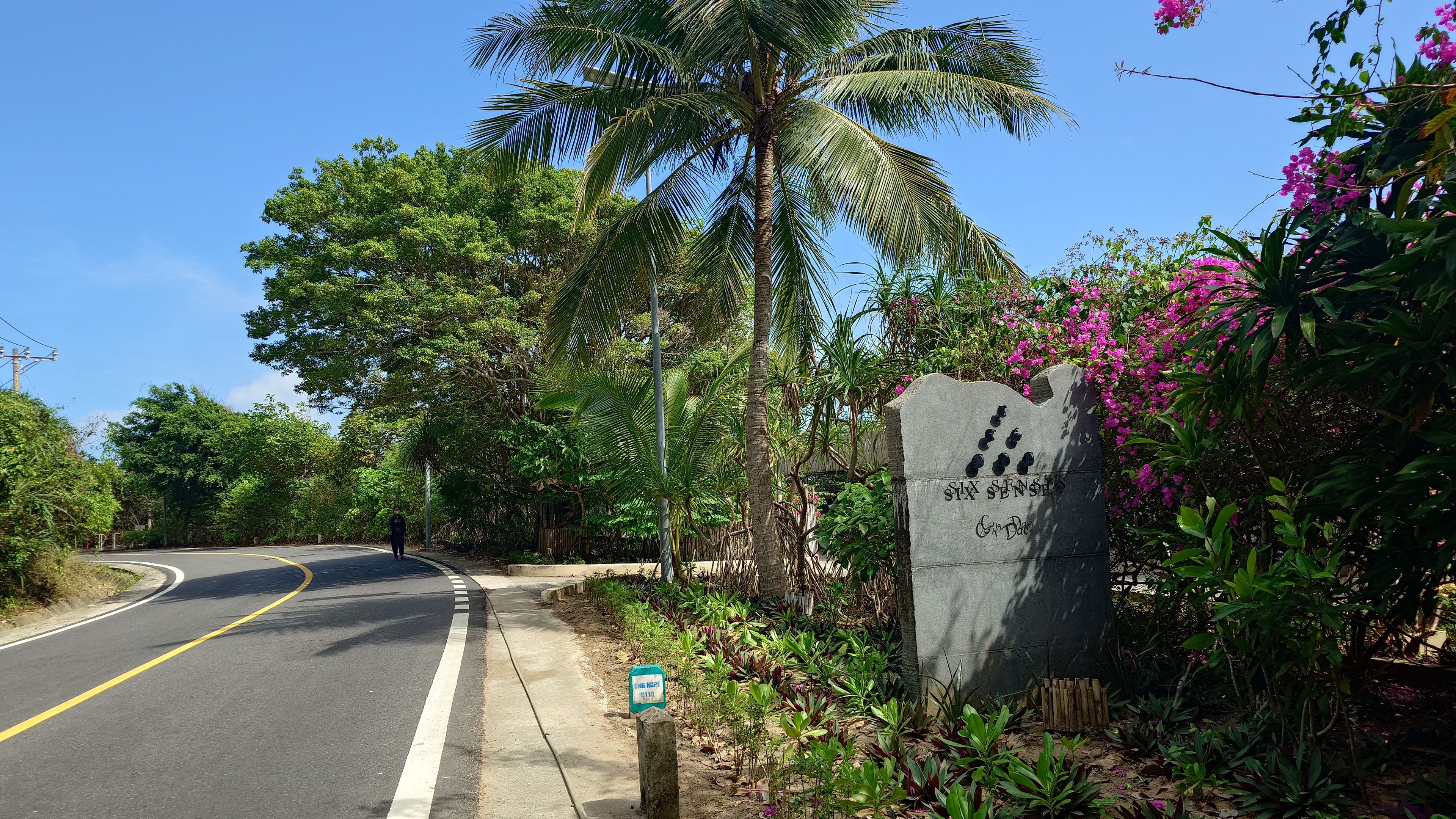 生い茂る植物に囲まれたシックスセンシズの看板。秘密の出入り口のような雰囲気