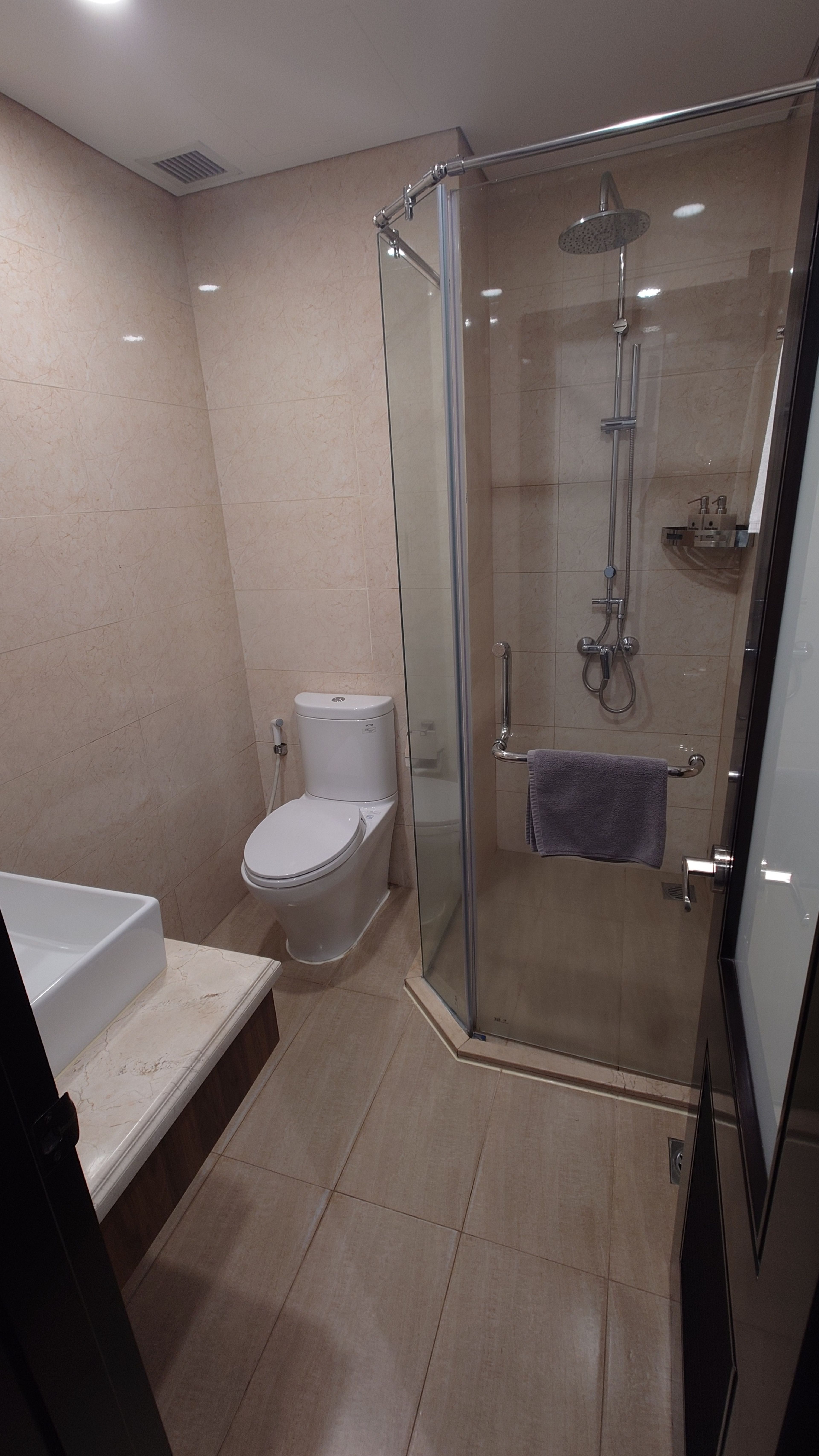 Clean and functional glass-enclosed shower and bathroom